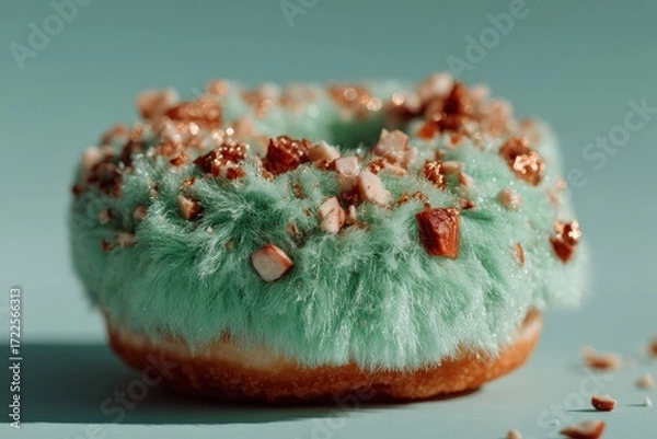 Fototapeta A fluffy donut with a unique fur-like texture, topped with crunchy bits, sits against a soft blue background, showcasing its vibrant mint color and delightful appearance. neutral background, clear