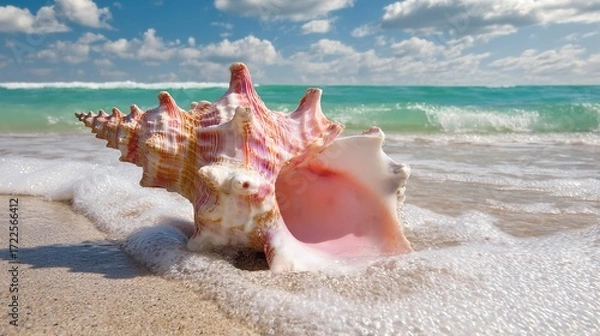 Fototapeta Gorgeous Conchs Scattered Along the Sunny Seaside—Their Shiny, Swirled Shells in Soft Hues of White, Pink, and Blue Glow Under the Sun, Blending Perfectly With the Blue Waves, Golden Sand