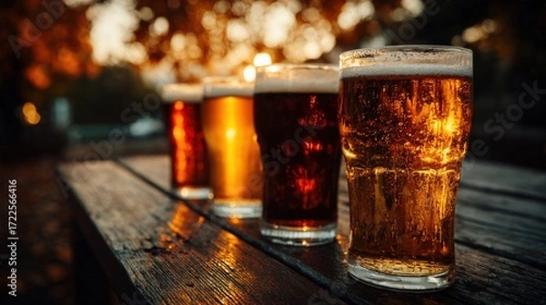 Fototapeta A vibrant autumn beer flight displayed on a rustic outdoor patio, showcasing four distinct glasses of beer against a backdrop of blurred fall foliage. neutral background, clear negative space