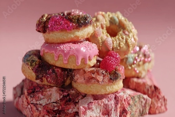 Fototapeta A delightful stack of colorful donuts featuring various toppings and glazes, arranged artfully on a pink background, showcasing a mix of textures and vibrant colors. neutral background, clear negative