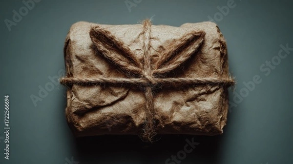 Fototapeta A creatively wrapped egg in brown kraft paper featuring bunny ears, tied with twine, resting on a dark surface, showcasing a unique and playful presentation for Easter or spring celebrations.