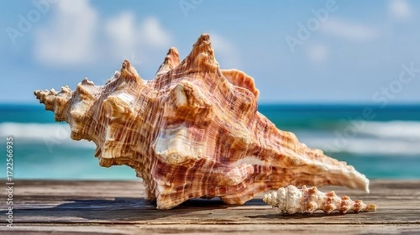 Fototapeta Gorgeous Conchs Scattered Along the Sunny Seaside—Their Shiny, Swirled Shells in Soft Hues of White, Pink, and Blue Glow Under the Sun, Blending Perfectly With the Blue Waves, Golden Sand