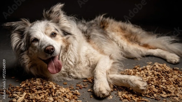 Fototapeta A playful dog lies on its back surrounded by scattered kibble, showcasing a joyful expression and a relaxed posture. The dog's fur is fluffy and predominantly white with some brown patches, adding to
