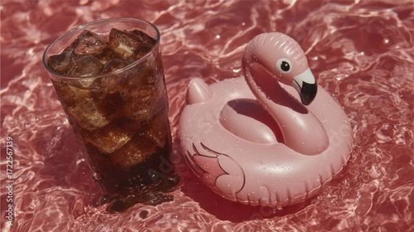 Fototapeta A vibrant pink flamingo pool float rests beside a glass filled with ice cubes, creating a fun summer vibe in a pool setting. neutral background, clear negative space, clean composition, balanced