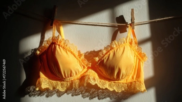 Fototapeta A golden bikini hanging on a clothesline, illuminated by sunlight, showcasing its vibrant color and delicate lace details. The fabric glistens in the light, creating a warm and inviting atmosphere.