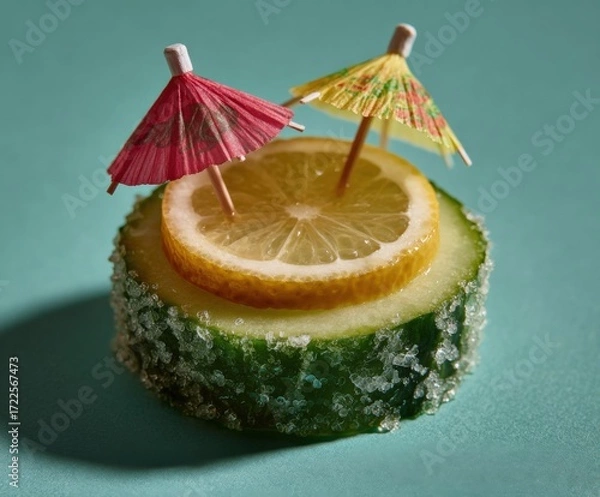 Fototapeta A vibrant half cucumber slice topped with a lemon wheel and two colorful cocktail umbrellas, creating a playful tropical vibe. neutral background, clear negative space, clean composition, balanced