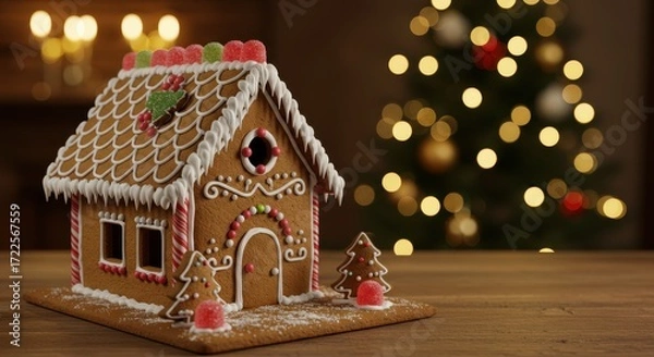 Fototapeta Festive Gingerbread House Decorated with Icing and Candy, Set Against a Warm Holiday Background with Blurry Lights