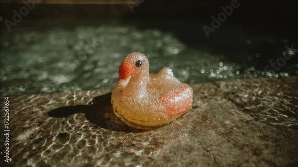 Fototapeta A small pink flamingo pool float resting on a stone surface near a shimmering pool, capturing a playful summer vibe. neutral background, clear negative space, clean composition, balanced framing