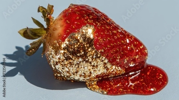 Fototapeta A vibrant strawberry coated in glossy gold paint, showcasing a unique artistic presentation with a shiny surface and dripping effect, isolated against a soft blue background. neutral background