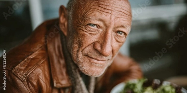 Fototapeta A senior Middle Eastern man with a bald head and a warm smile is seated at a table, enjoying a fresh salad. He wears a brown leather jacket and a scarf, exuding a relaxed and friendly demeanor.