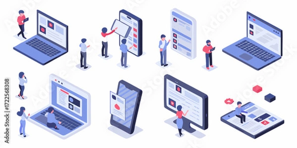Fototapeta Isometric illustration of people interacting with various digital devices and interfaces for web design and development