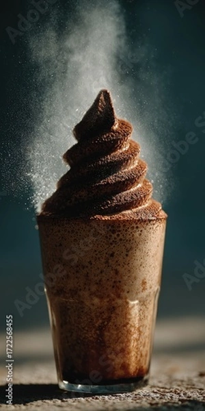 Fototapeta A beautifully crafted cup of coffee featuring a spiral optical illusion latte art design, topped with a rich, creamy foam and a dusting of cocoa powder, presented in a clear glass. neutral background