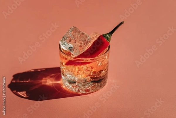 Fototapeta A beautifully crafted cocktail glass made of ice, featuring a vibrant red chili pepper resting on top of a clear ice cube, set against a soft pink background. neutral background, clear negative space
