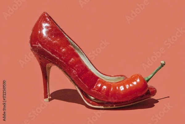 Fototapeta A striking high-heeled shoe designed to resemble a glossy red chili pepper, showcasing a unique blend of fashion and creativity. The shoe features a shiny surface and a playful chili stem, making it a