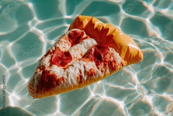 Fototapeta A giant inflatable pizza slice floats serenely on the surface of a shimmering pool, reflecting the sunlight and creating a playful summer vibe. neutral background, clear negative space, clean