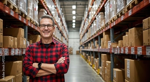 Fototapeta Happy Warehouse Manager Standing Confidently Amongst Organized Boxes in Modern Distribution Center