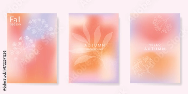 Fototapeta Abstract blur gradient autumn card background set. Minimalist poster with flower, leaves branch. Modern fall season wallpaper design for home decoration, website, banner, ads.