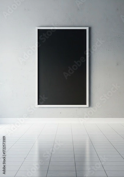 Fototapeta Minimalist Interior Setting with Blank Black Frame on Concrete Wall and Glossy Floor in Modern Design Aesthetic
