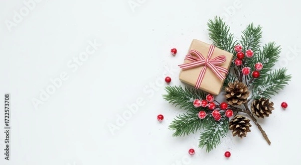 Obraz Festive Christmas Gift with Red Berries, Pinecones, and Evergreen Sprigs on a Light Background