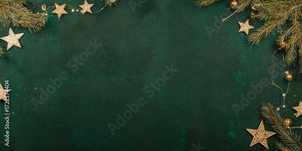 Obraz A textured christmas background with a dark green background and decorations for the holidays, with space for text. Festive dark background for Christmas, horizontal banner, copy space
