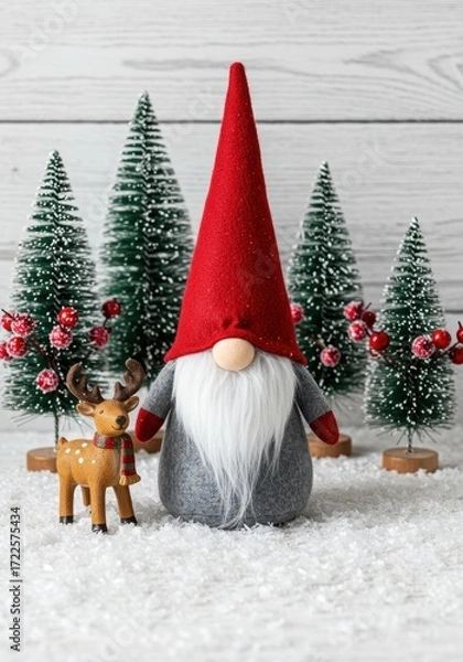 Obraz Festive gnome decoration with red hat and wooden reindeer in snowy winter scene surrounded by miniature Christmas trees