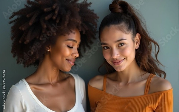 Fototapeta Multiracial puzzled two women thinking and posing on camera. High quality