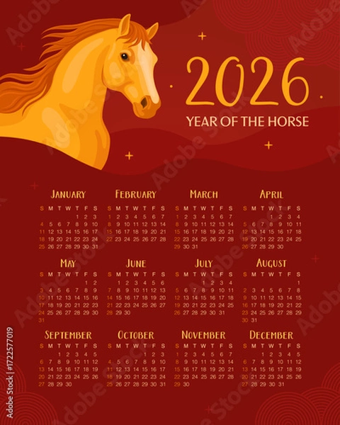 Obraz Calendar 2026. 12 months, starting from Sunday. New Year of the Horse, Lunar New Year or Chinese New Year. Yellow fiery horse on a dark red background. Horse head.