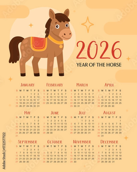 Obraz Calendar 2026. 12 months, starting from Sunday. Cute brown horse on light yellow background. New Year of the Horse, Lunar New Year or Chinese New Year.