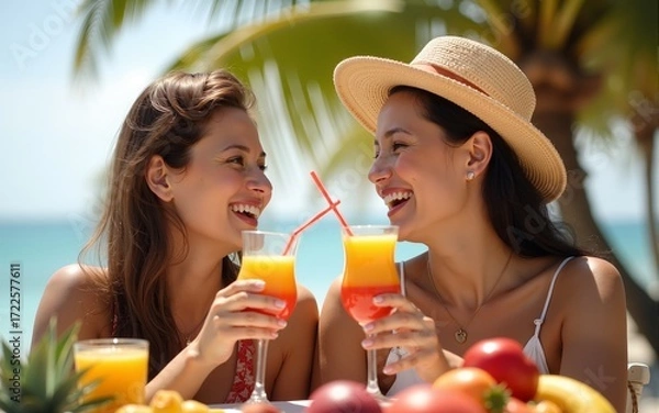 Fototapeta Two smiling women enjoying tropical drinks and fresh fruits in a sunny setting. High quality