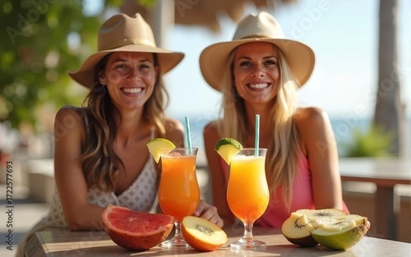 Fototapeta Two smiling women enjoying tropical drinks and fresh fruits in a sunny setting. High quality