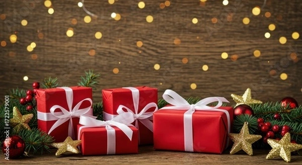 Obraz Festive Red Gift Boxes with White Ribbons Surrounded by Greenery and Sparkling Christmas Lights