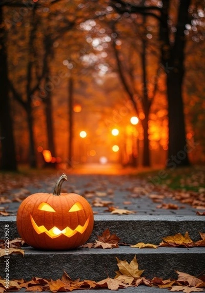 Obraz Glowing Jack-O’-Lantern on Stone Steps Surrounded by Autumn Leaves and Faded City Lights at Dusk