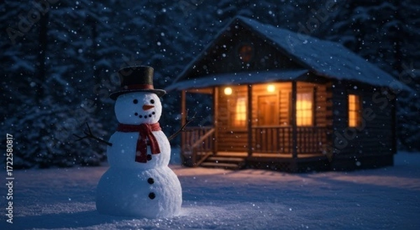 Fototapeta Snowman in Winter Landscape with Cozy Cabin and Snowfall at Night in a Serene Forest Setting