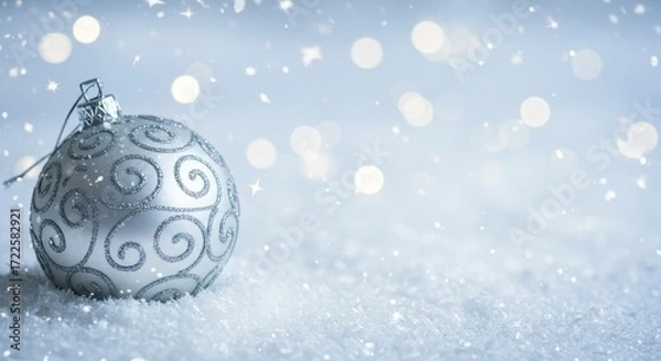 Fototapeta Sparkling Silver Christmas Ornament on Snowy Ground with Blurred Lights in the Background
