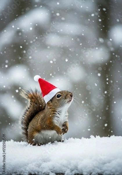 Fototapeta Squirrel in Christmas Hat Sitting in Snowy Landscape During Gentle Snowfall