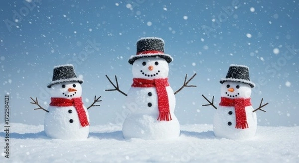 Fototapeta Three Cheerful Snowmen with Black Hats and Red Scarves in a Winter Wonderland with Falling Snowflakes