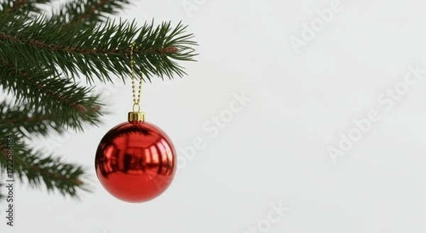 Obraz Red Christmas Ornament Hanging from Evergreen Branch with Soft White Background for Holiday Decoration Inspiration