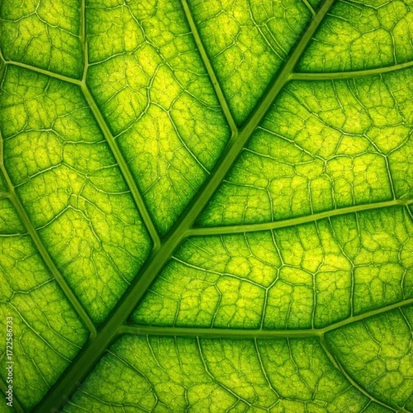 Obraz Translucent, vivid-green leaf revealing intricate vein network. Chlorophyll glows; a close-up showcasing cellular structure