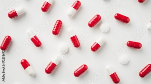 Fototapeta Various pharmaceutical pills, tablets, and capsules. Background with pills. A pile of various medicinal pills and tablets of different colors on a white background. Healthcare. Top view