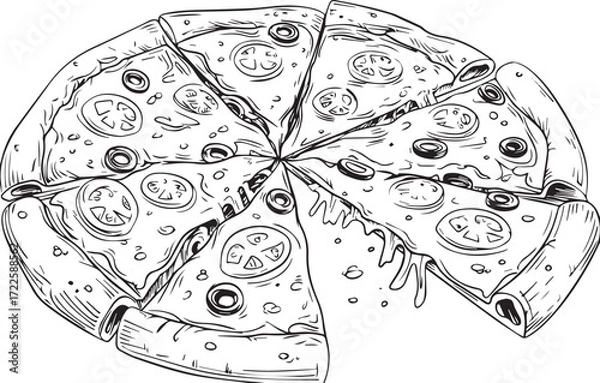 Fototapeta Artisan Pizza Slices: A meticulously crafted black and white illustration showcases slices of a savory pizza, topped with succulent tomatoes and olives, embodying the culinary art of a simple.