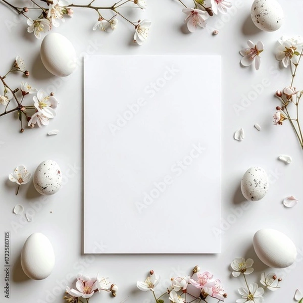 Obraz Blank paper sheet surrounded by easter eggs and delicate blossoms against a clean white backdrop. Ideal for seasonal or greeting card designs