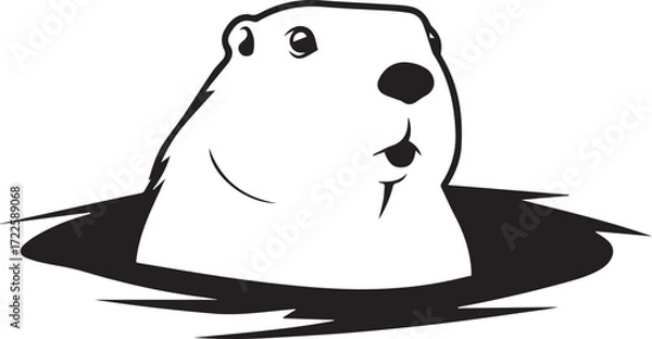 Fototapeta Groundhog Day: A curious groundhog peeks from its burrow, rendered in a striking black and white illustration, celebrating a traditional folklore.