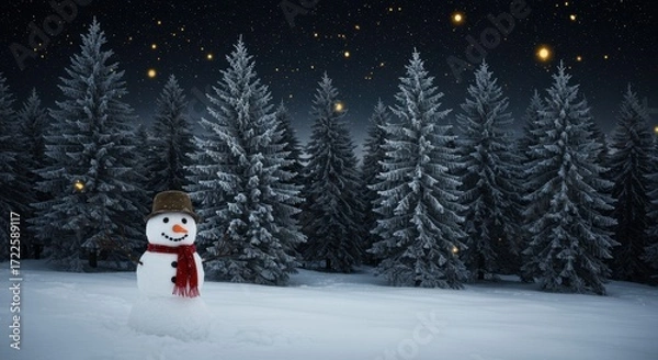 Obraz Snowman in Winter Landscape Surrounded by Pine Trees Under a Starry Night Sky