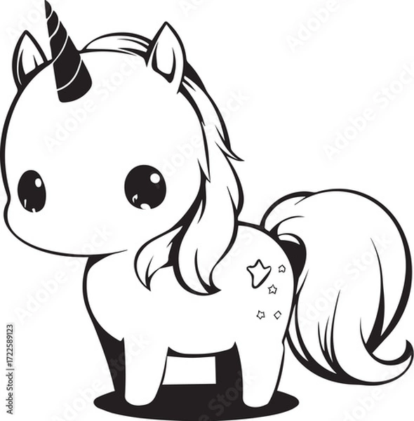 Fototapeta Cute Unicorn Illustration: A whimsical illustration of a cute unicorn with big eyes, a horn, and a flowing mane and tail, perfect for adding a touch of magic to any design.