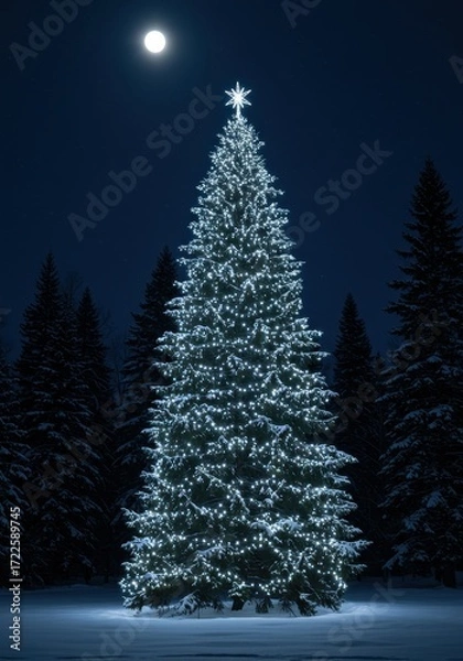 Obraz Sparkling Christmas Tree Illuminated by Moonlight in a Snowy Winter Landscape at Night