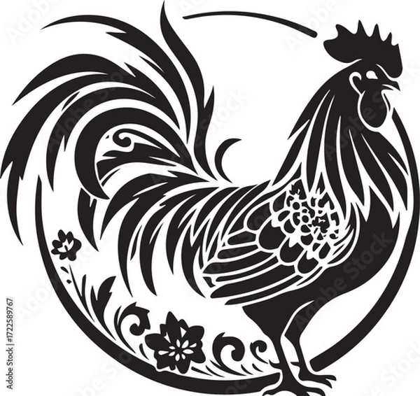 Fototapeta Rooster Silhouette: A stylized monochrome illustration of a proud rooster, elegantly positioned within an ornate circular frame, its detailed plumage and strong posture conveying power and tradition.