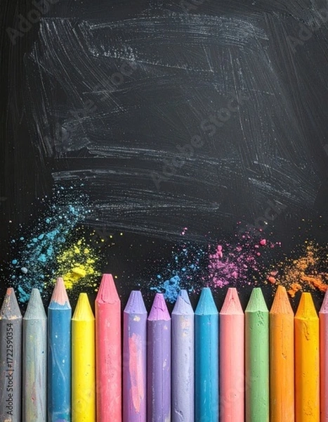 Obraz Vibrant colored wax crayons line the bottom edge of a dusty black chalkboard surface, creating an eye-catching, textured composition