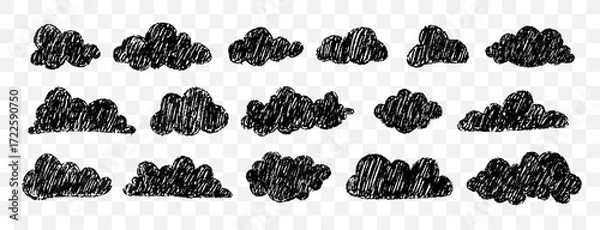 Fototapeta Sketchy crayon clouds on chalkboard texture. Playful sky elements for school or baby shower decor. Vector illustration.