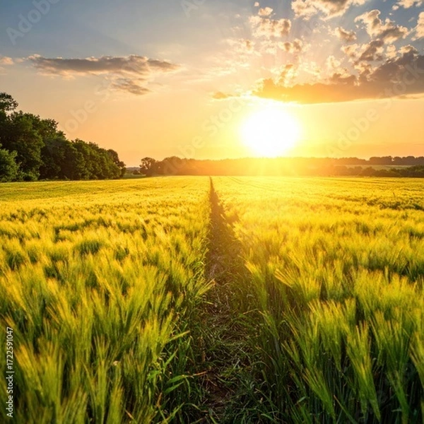Obraz A vibrant field of tall, golden grain leads towards a bright, hazy sun setting on the horizon, with a treeline visible to the left