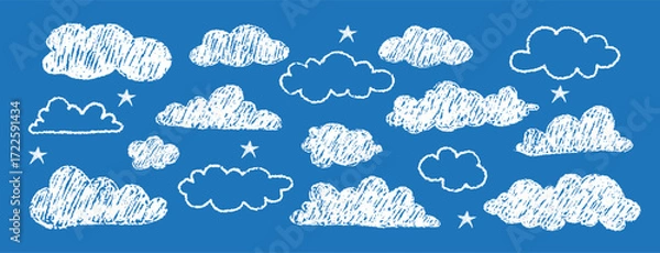 Fototapeta Crayon drawn clouds. Contemporary naive design aesthetic. Childish texture. Hand drawn vector stock kid crayon illustration.